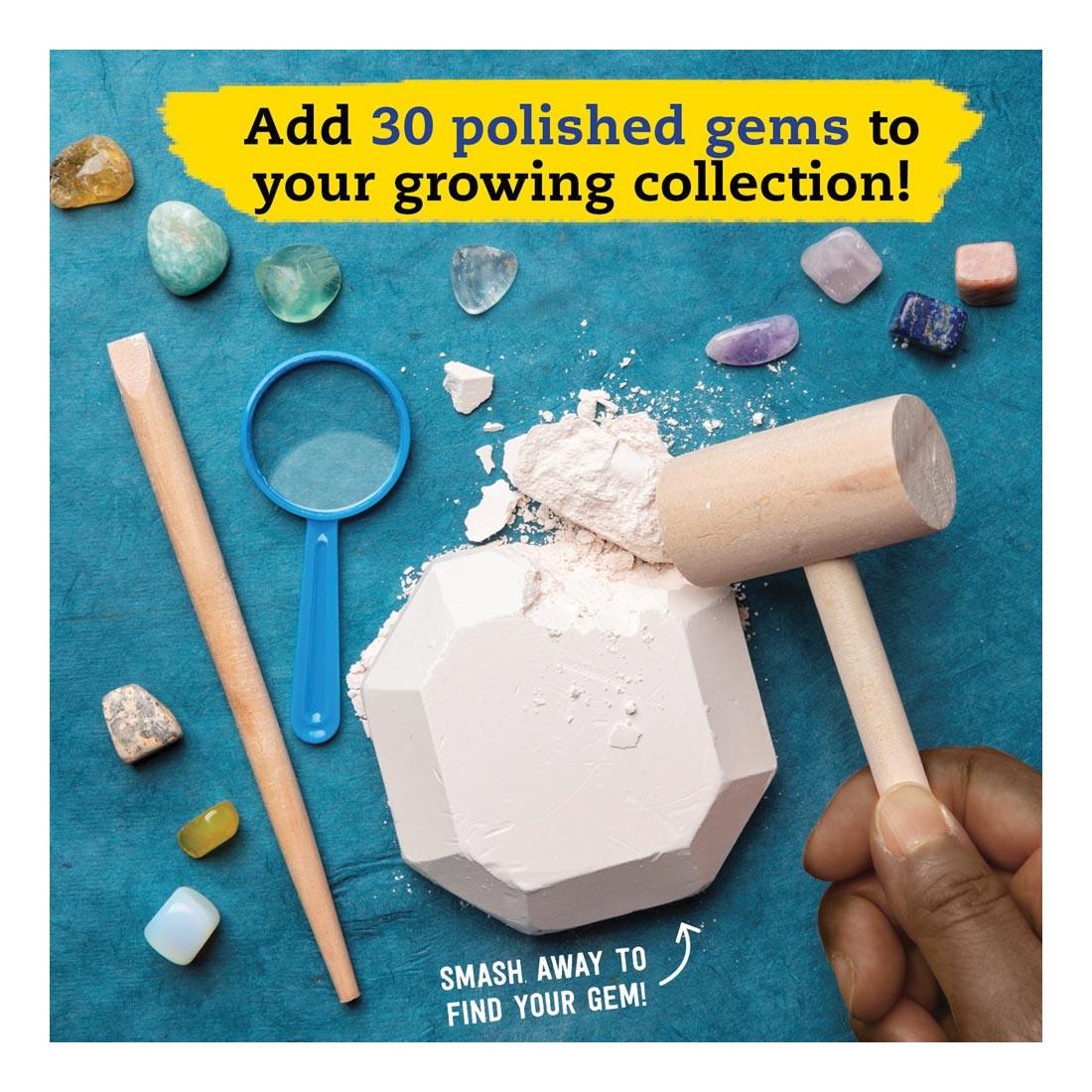 contents of STEAM Lab: Ultimate Gemstone And Dig Kit with text Add 30 polished gems to your growing collection! Smash away to find your gem!
