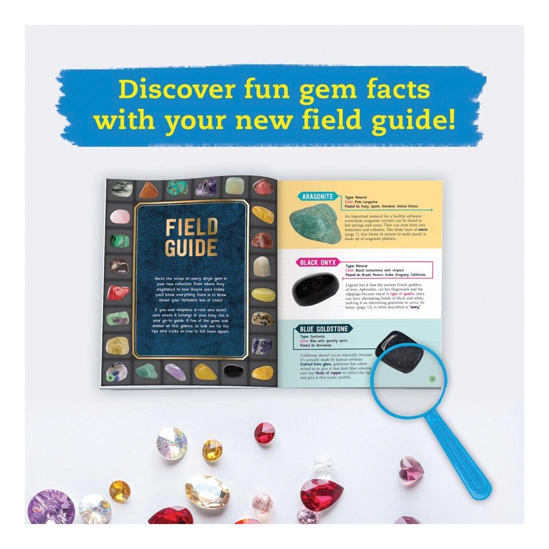 open book from the STEAM Lab: Ultimate Gemstone And Dig Kit with text Discover fun gem facts with your new field guide!