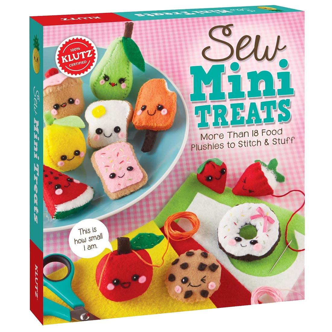 Sew Mini treats package shows completed projects of a stuffed felt pear, popsicle, cookie and more