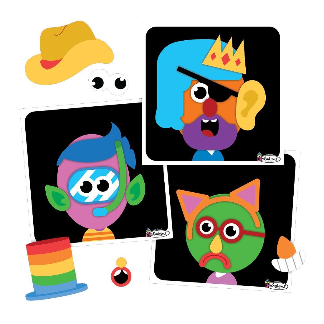 sample faces made when playing Colorforms Silly Faces Game