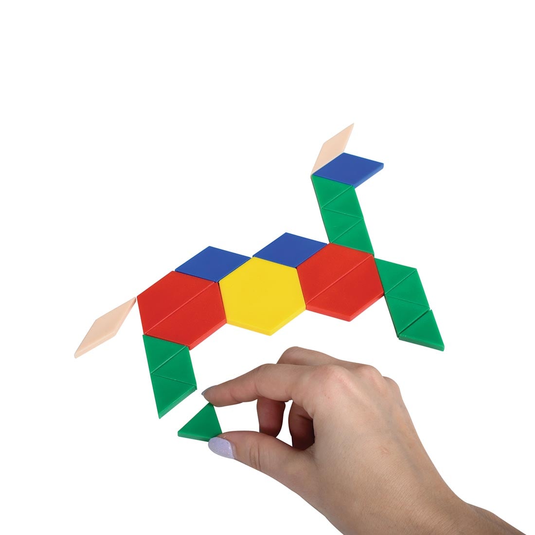 Plastic pattern blocks in 6 assorted shapes and colors, arranged to look like a llama