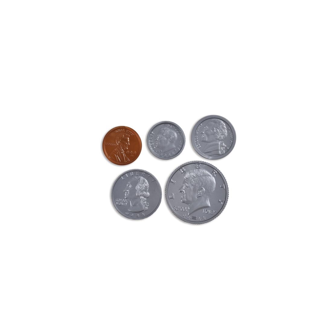 Five different coins from the Play Money Plastic Coin Set