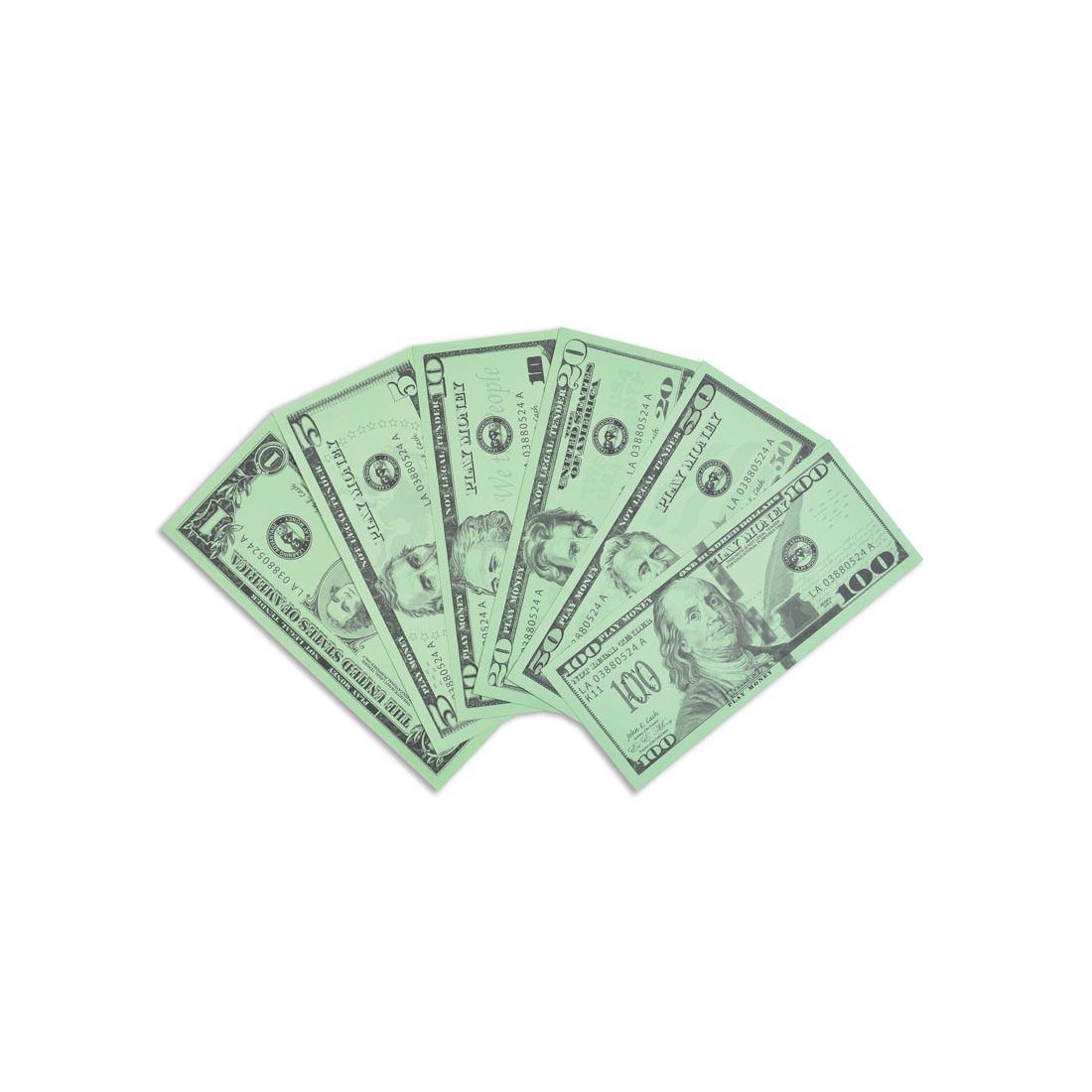 Six different bills from the Play Money Bills Set