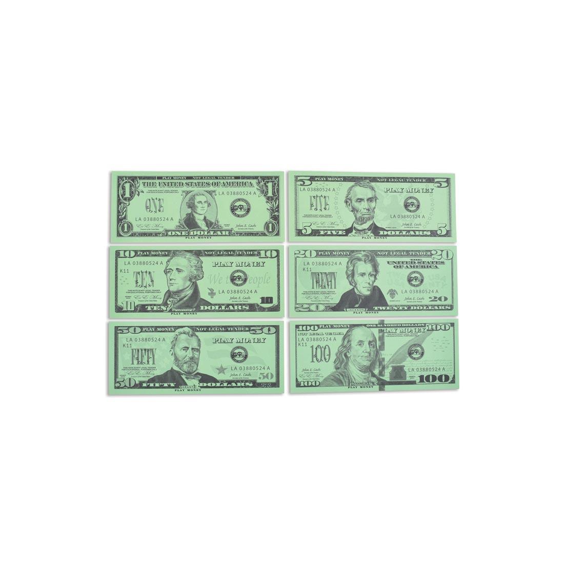 Six different bills from the Play Money Bills Set