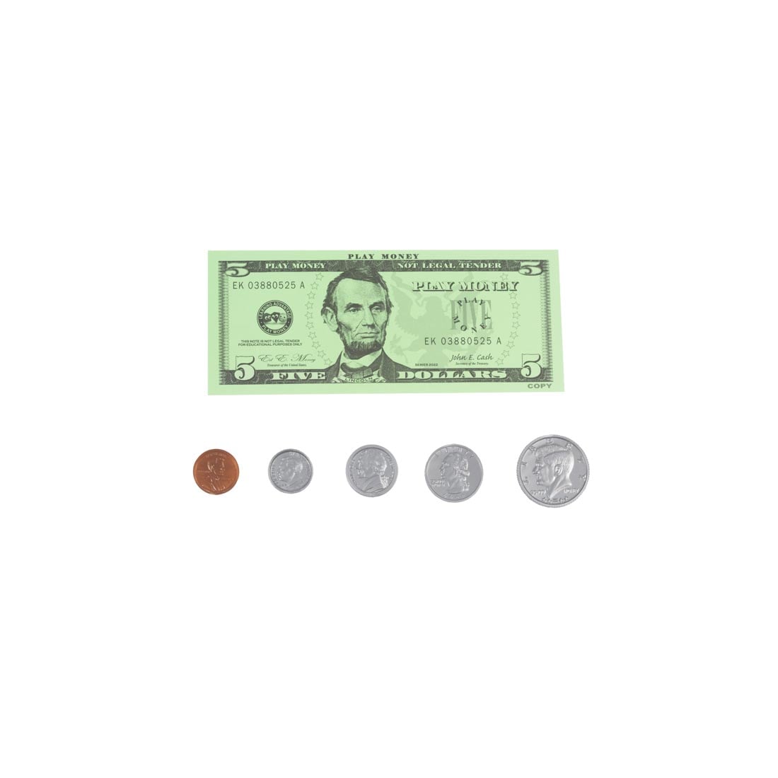 $5 bill and 5 different coins from the Play Money Bills & Coins Set By Learning Advantage