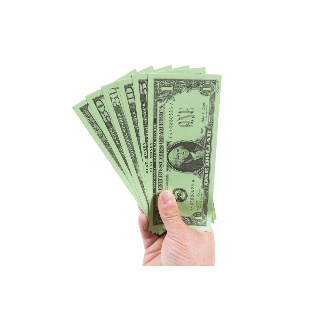 hand holding 6 bills from the Play Money Bills & Coins Set By Learning Advantage