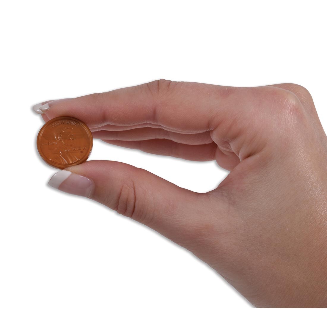 hand holding a penny from the Play Money Plastic Pennies set