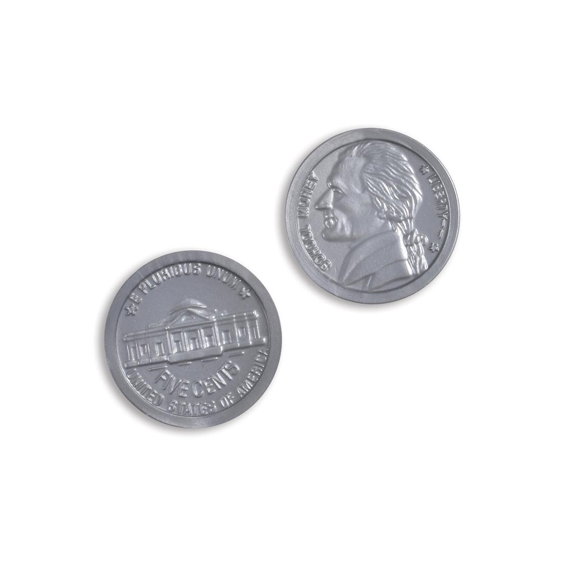 heads and tails of a nickel from the Play Money Plastic Nickels set