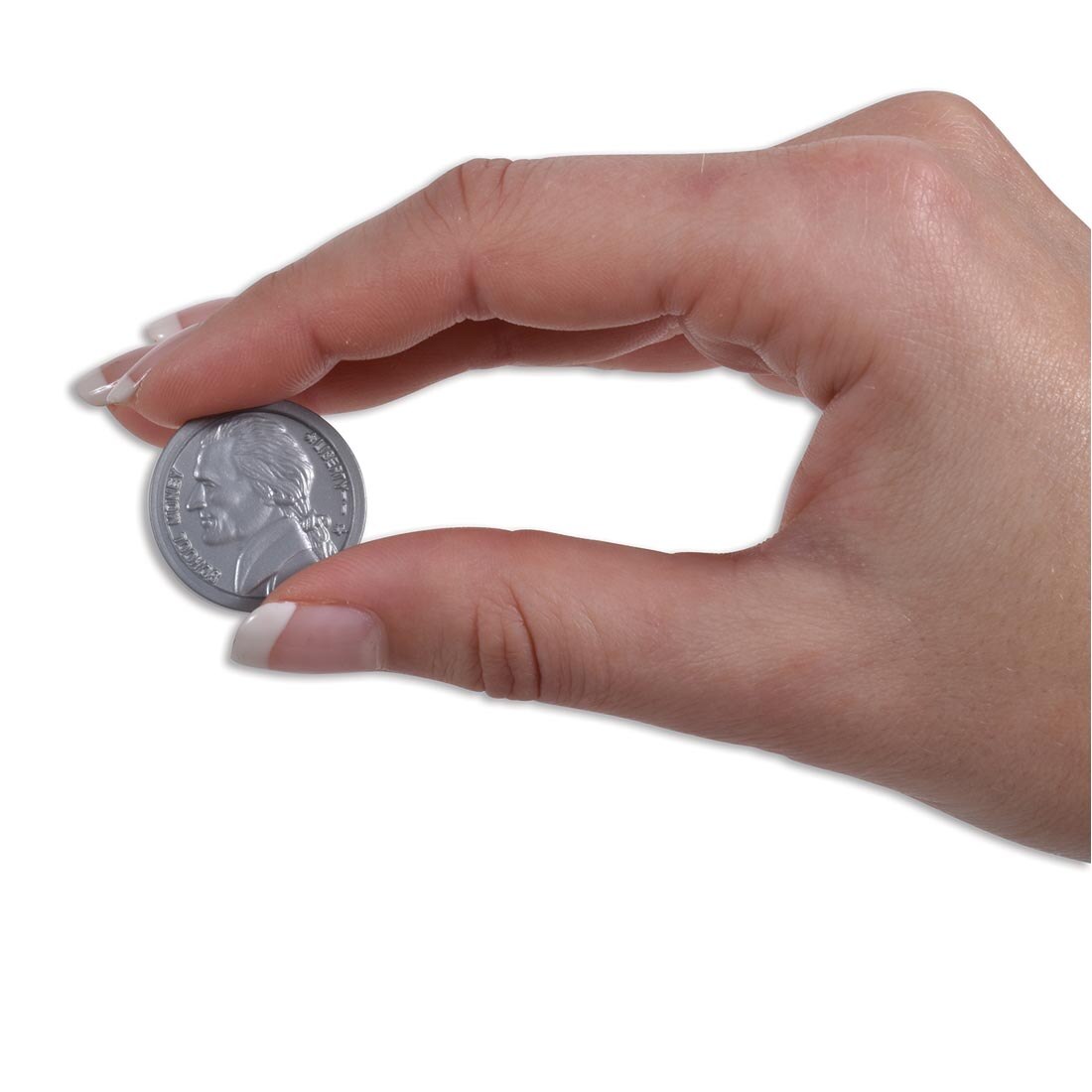 hand holding a nickel from the Play Money Plastic Nickels set