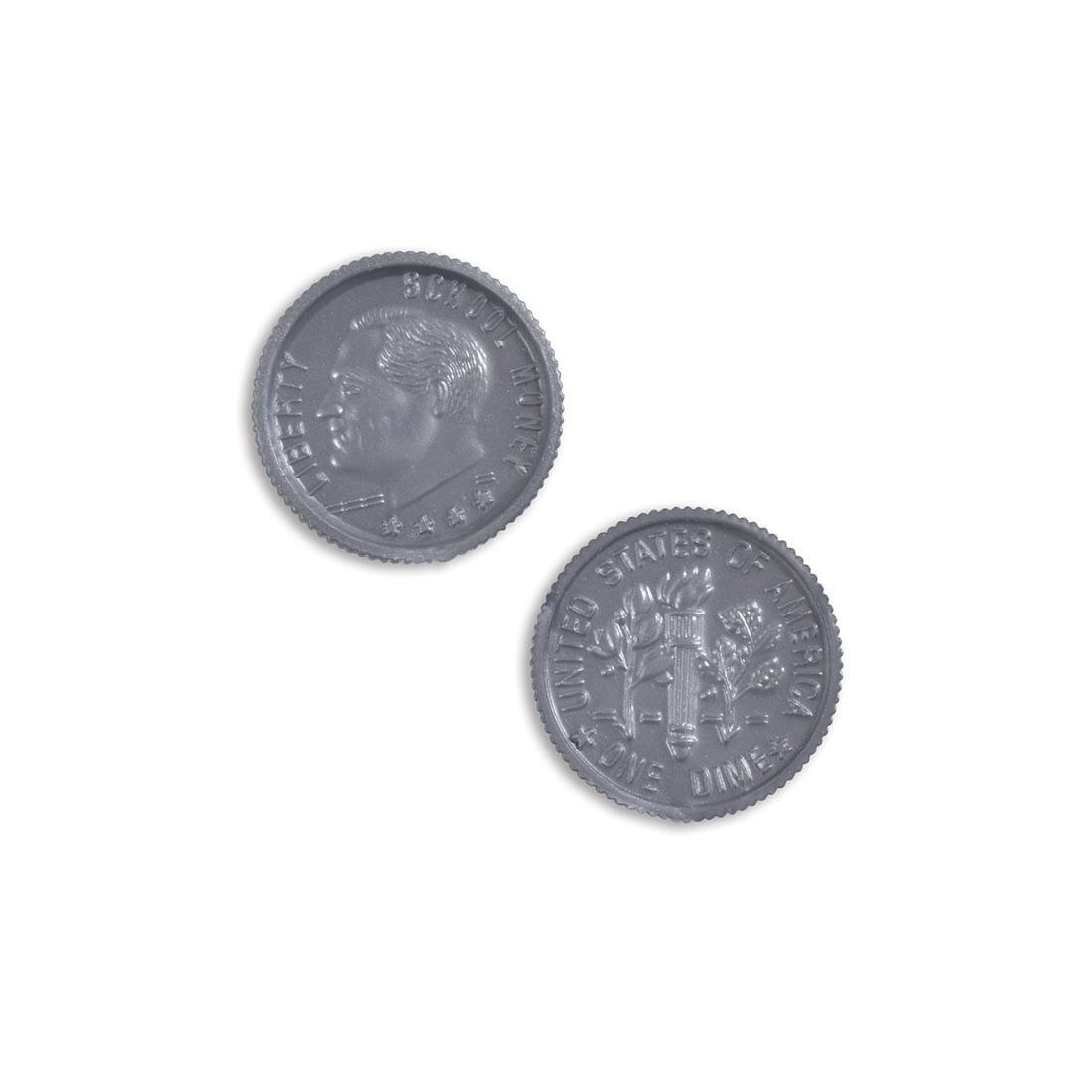 heads and tails of a dime from the Play Money Plastic Dimes set