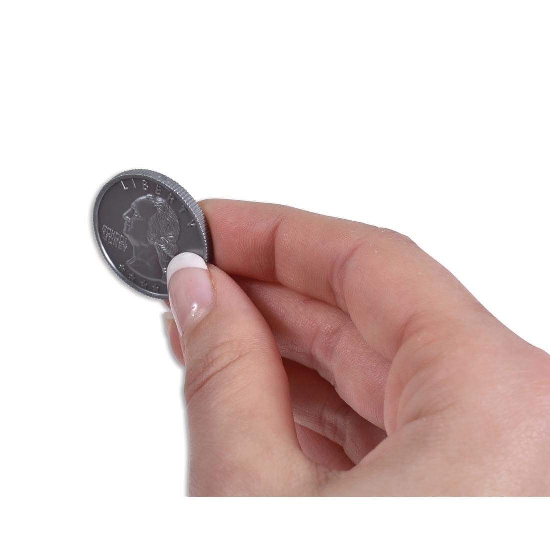 hand holding a quarter from the Play Money Plastic Quarters set