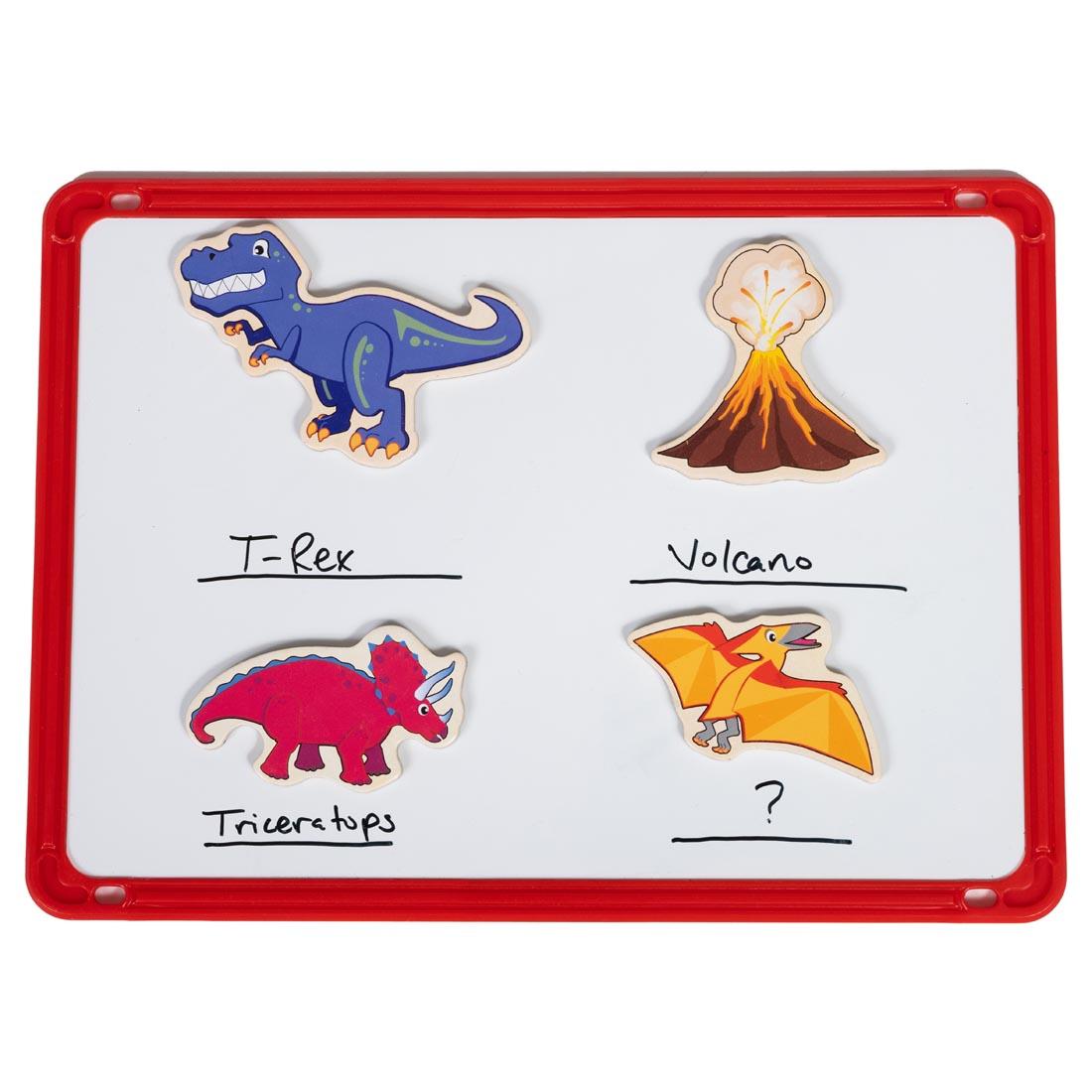 four Dinosaurs Wooden Magnets on a whiteboard, three of them labeled in marker