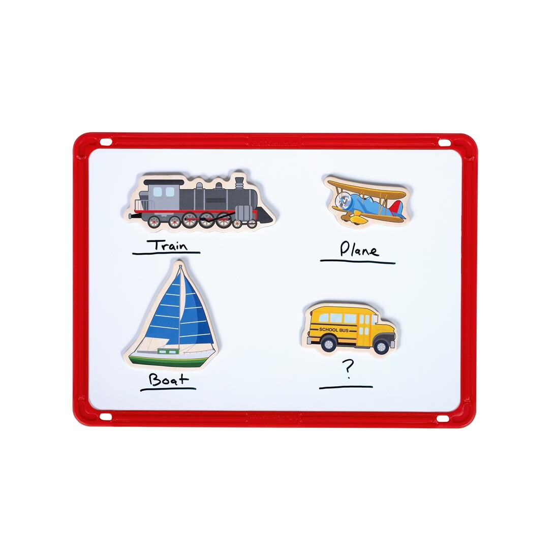 4 magnets from the Transport Wooden Magnets set on a whiteboard