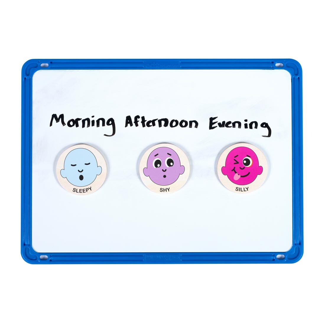 three different Emotions Wooden Magnets on a whiteboard with handwritten Morning Afternoon Evening