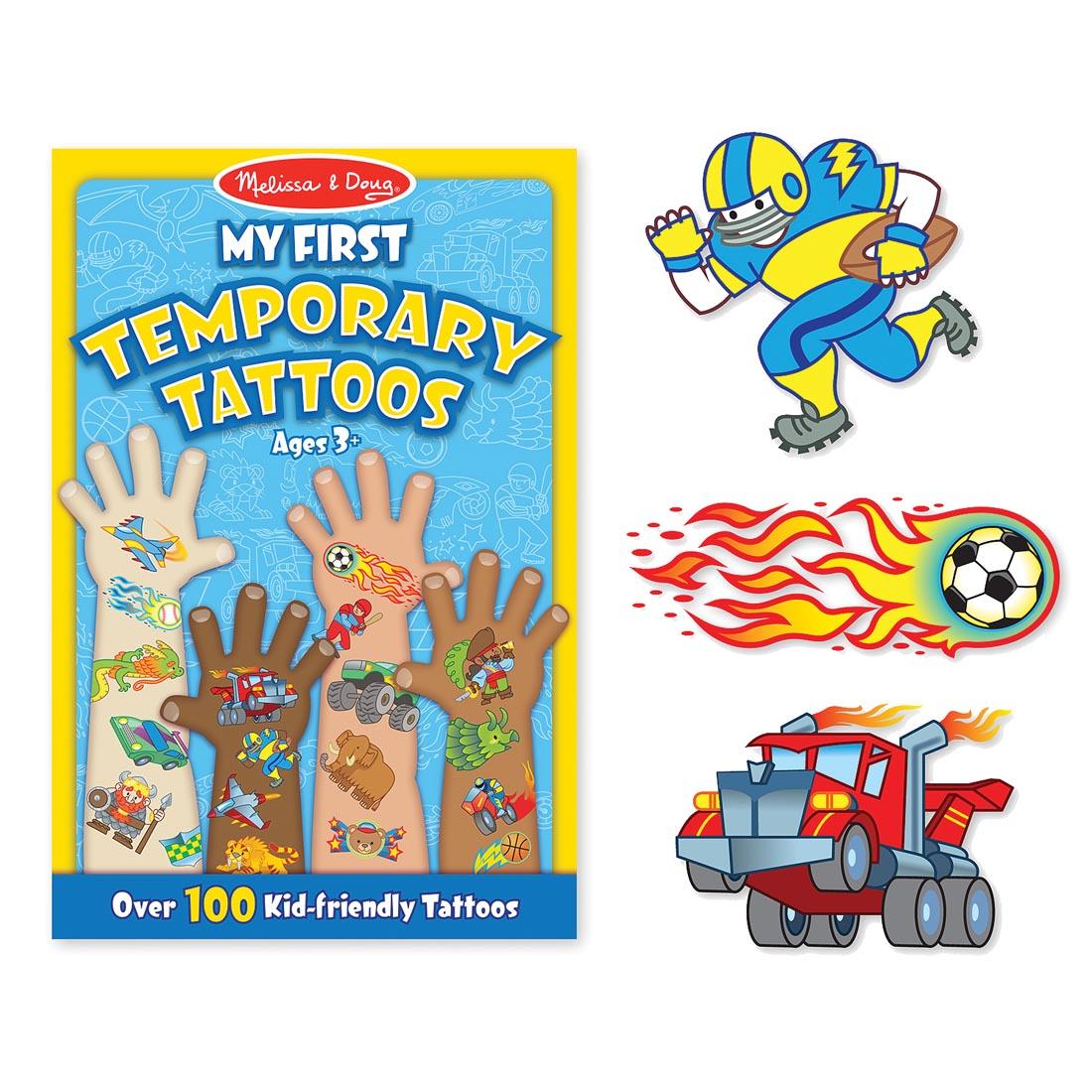 My First Temporary Tattoos include a football player, a flaming soccer ball and a truck
