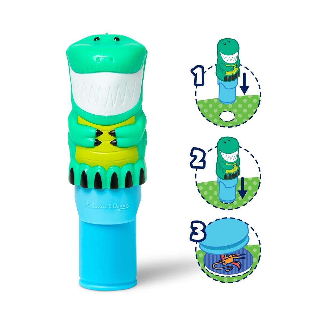 stamper from Dinosaur Sticker Wow! Set By Melissa & Doug plus illustrations of the 3-step process