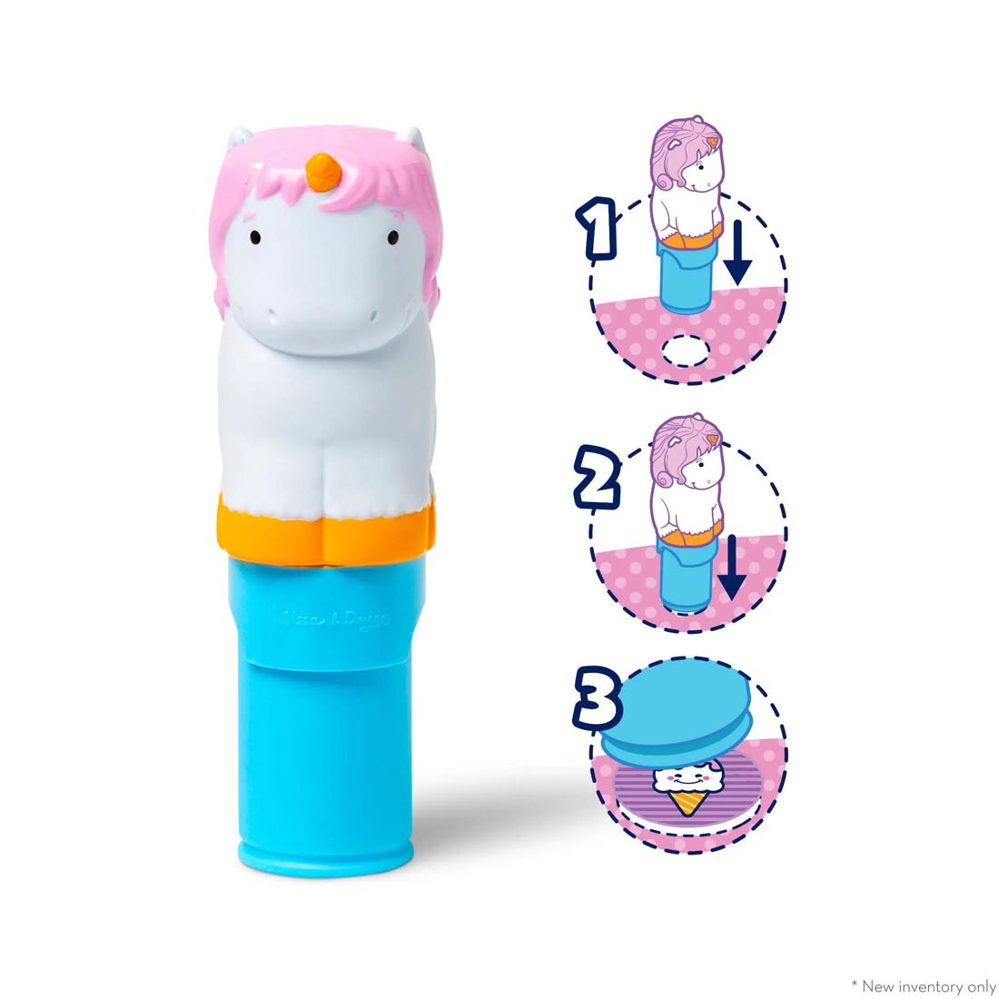 stamper from Unicorn Sticker Wow! Set By Melissa & Doug plus illustrations of the 3-step process