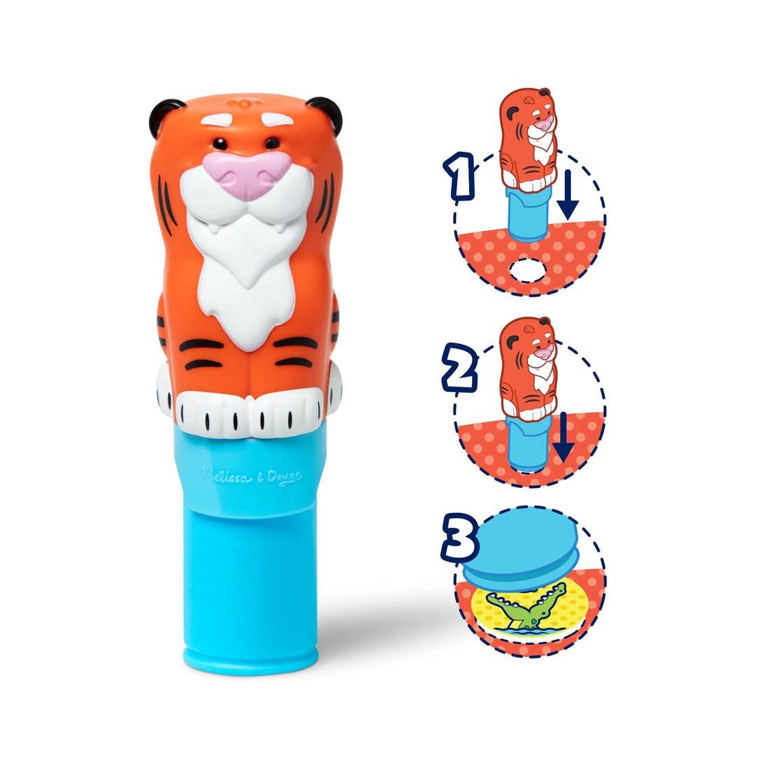 stamper from the Tiger Sticker Wow! Set By Melissa & Doug plus illustrations of the 3-step process