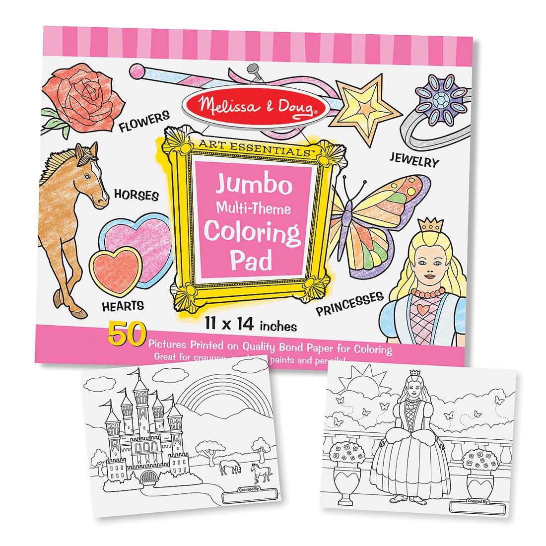 Art Essentials Jumbo Multi-Theme Coloring Pad cover shown with sample pages below