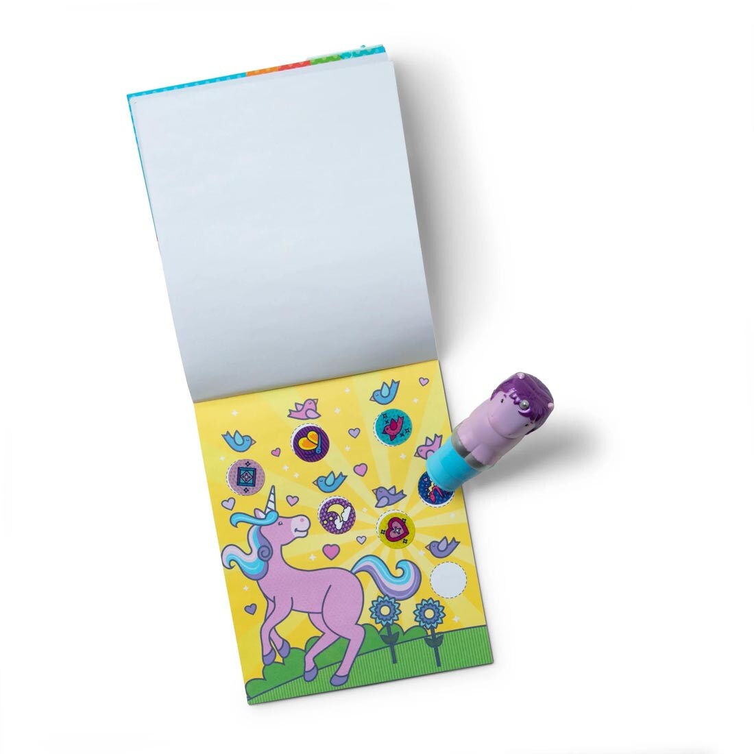 sticker stamper in use from the Purple Unicorn Sticker Wow! Set By Melissa & Doug