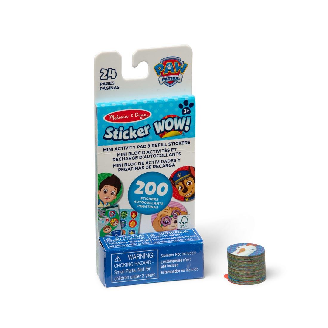 Front of package of Paw Patrol Sticker WOW! Mini Activity Pad & Refill Stickers, showing stack of stickers outside package