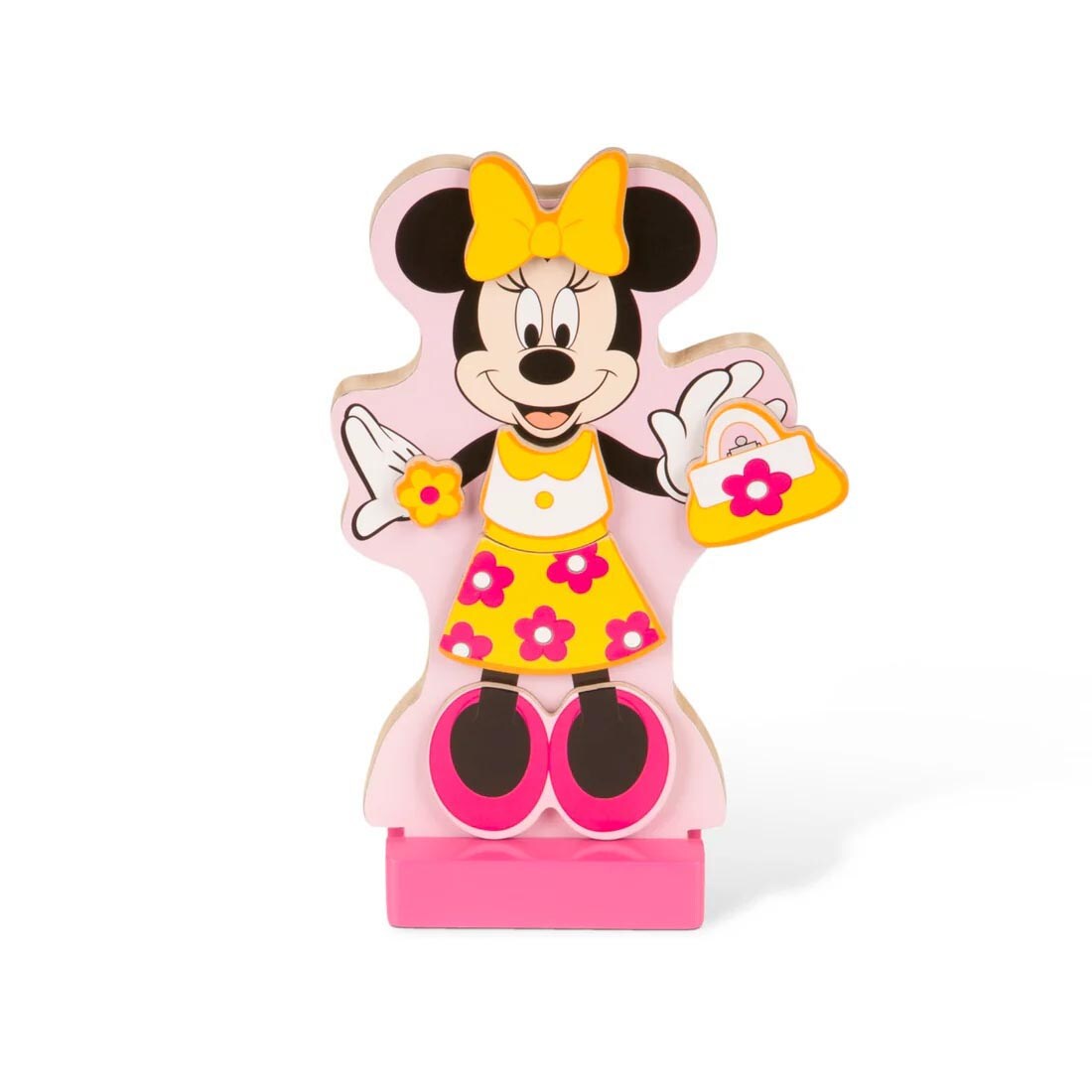 Minnie Mouse in one of her outfits as part of the Disney Minnie Wooden Magnetic Dress-Up Set By Melissa & Doug