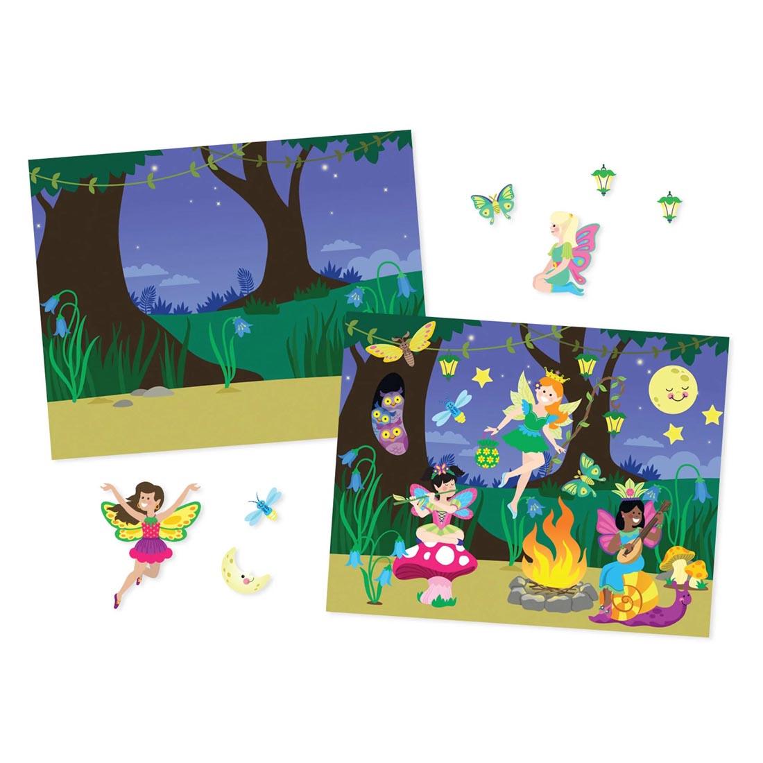 a scene before and after stickers are applied from the Fairies Reusable Sticker Pad By Melissa & Doug