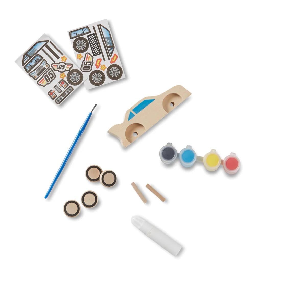 components of the Created by Me! Race Car Wooden Craft Kit By Melissa & Doug in use