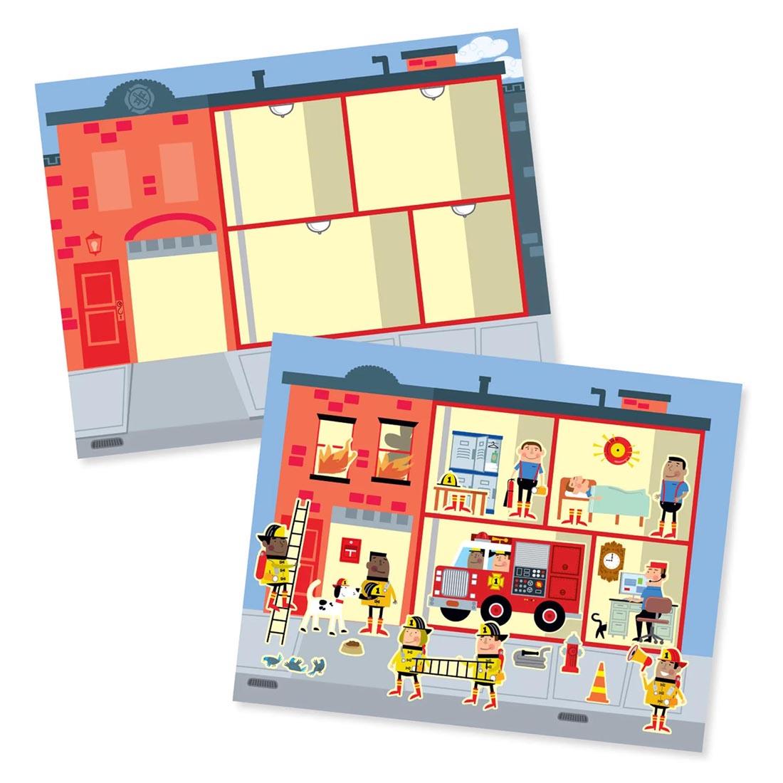 a blank scene and an example of a completed scene from the My Town Reusable Sticker Pad By Melissa & Doug