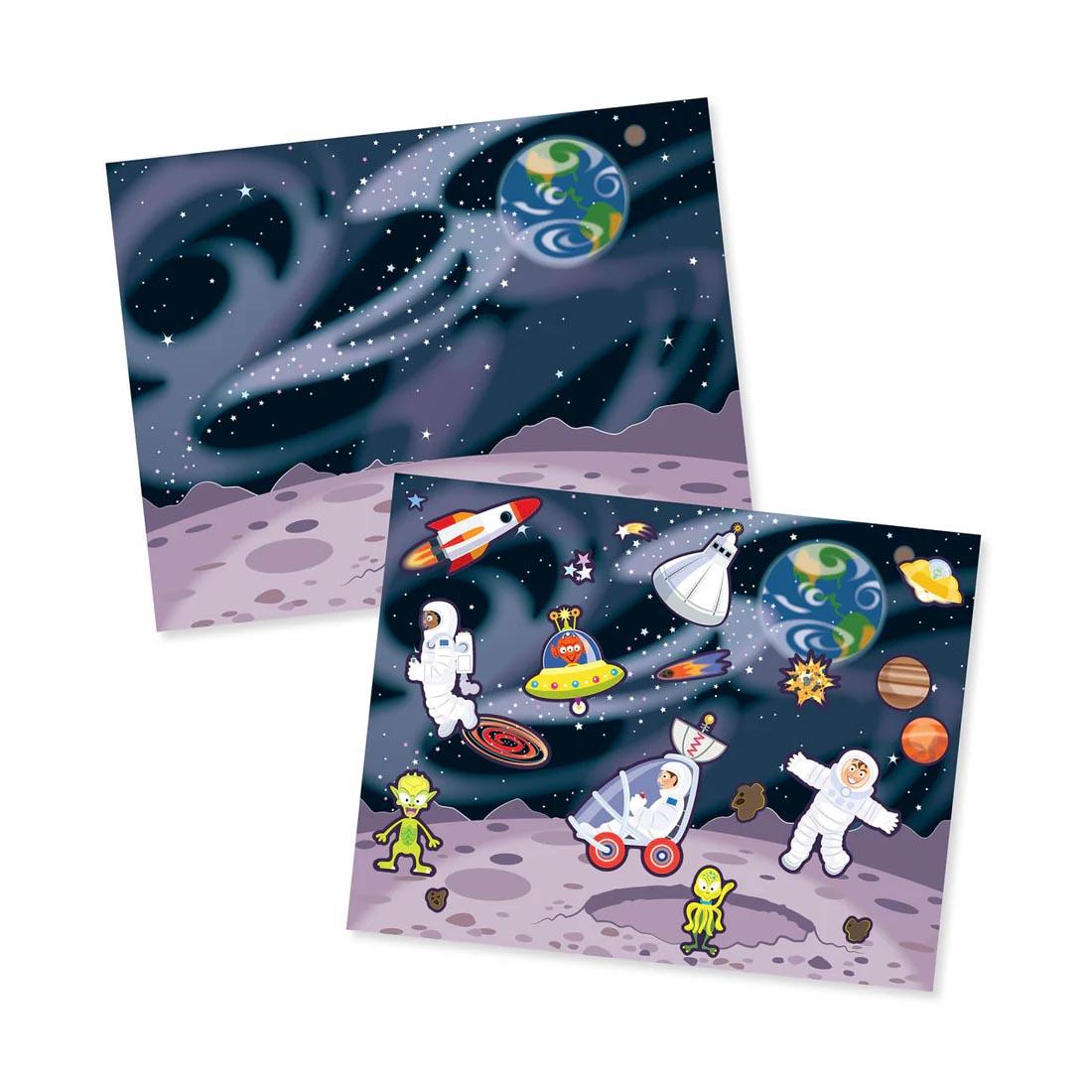 a blank scene and an example of a completed scene from the Adventure Reusable Sticker Pad By Melissa & Doug