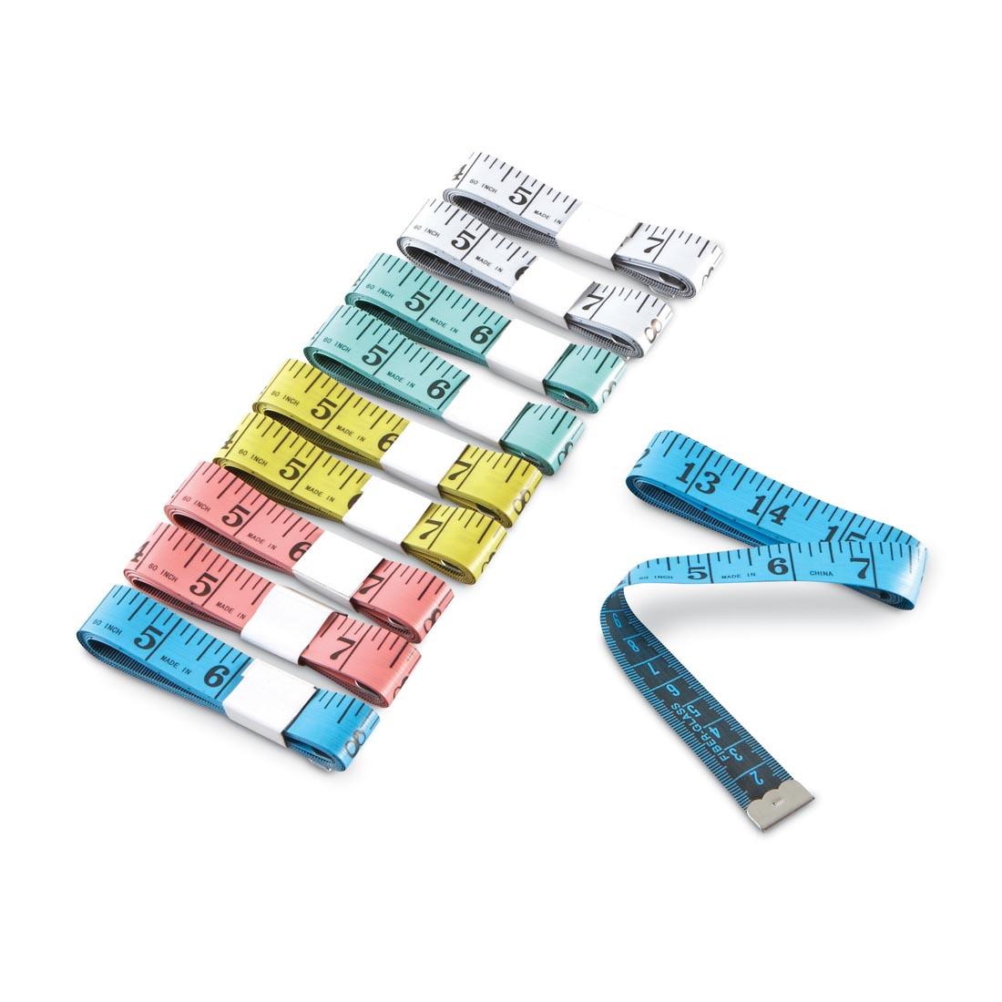 set of ten colorful tape measures