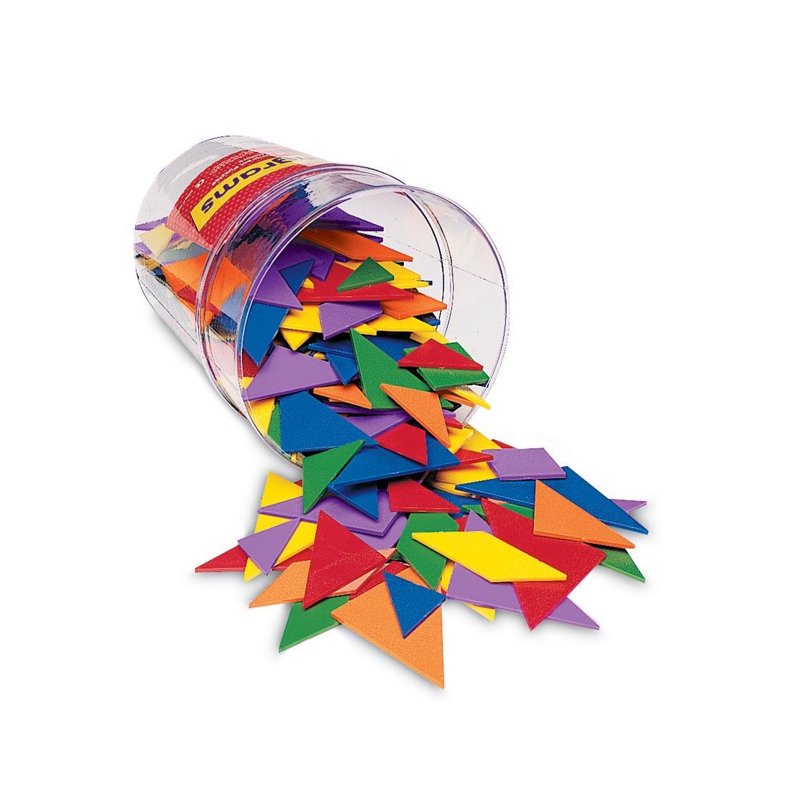 Classpack tub of colorful Tangrams spilling onto the table