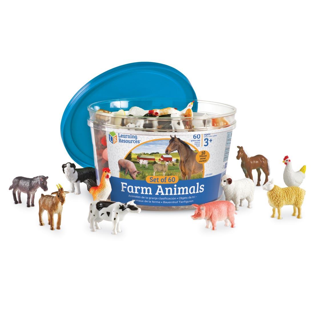 tub of 60 plastic farm animals