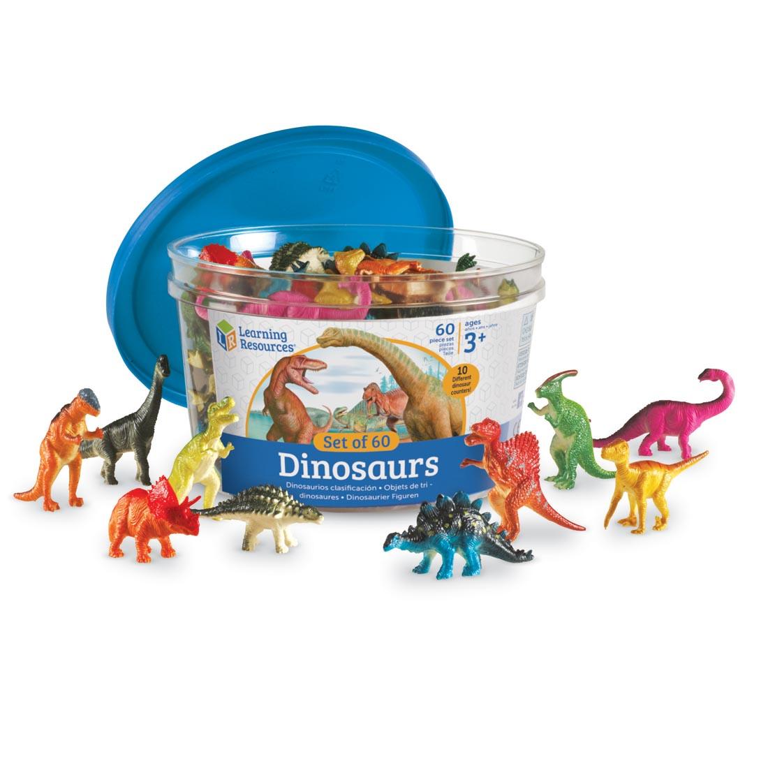 tub of 60 colorful plastic dinosaurs