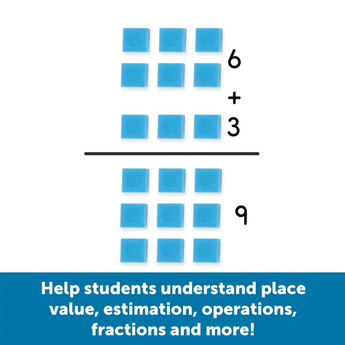 Plastic Base Ten Unit Cubes, showing how 6 + 3 = 9