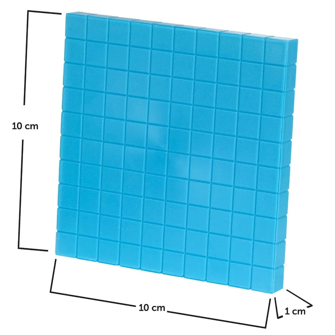 a Plastic Base Ten Flat By Learning Resources labeled with measurements 10cm, 10cm and 1cm