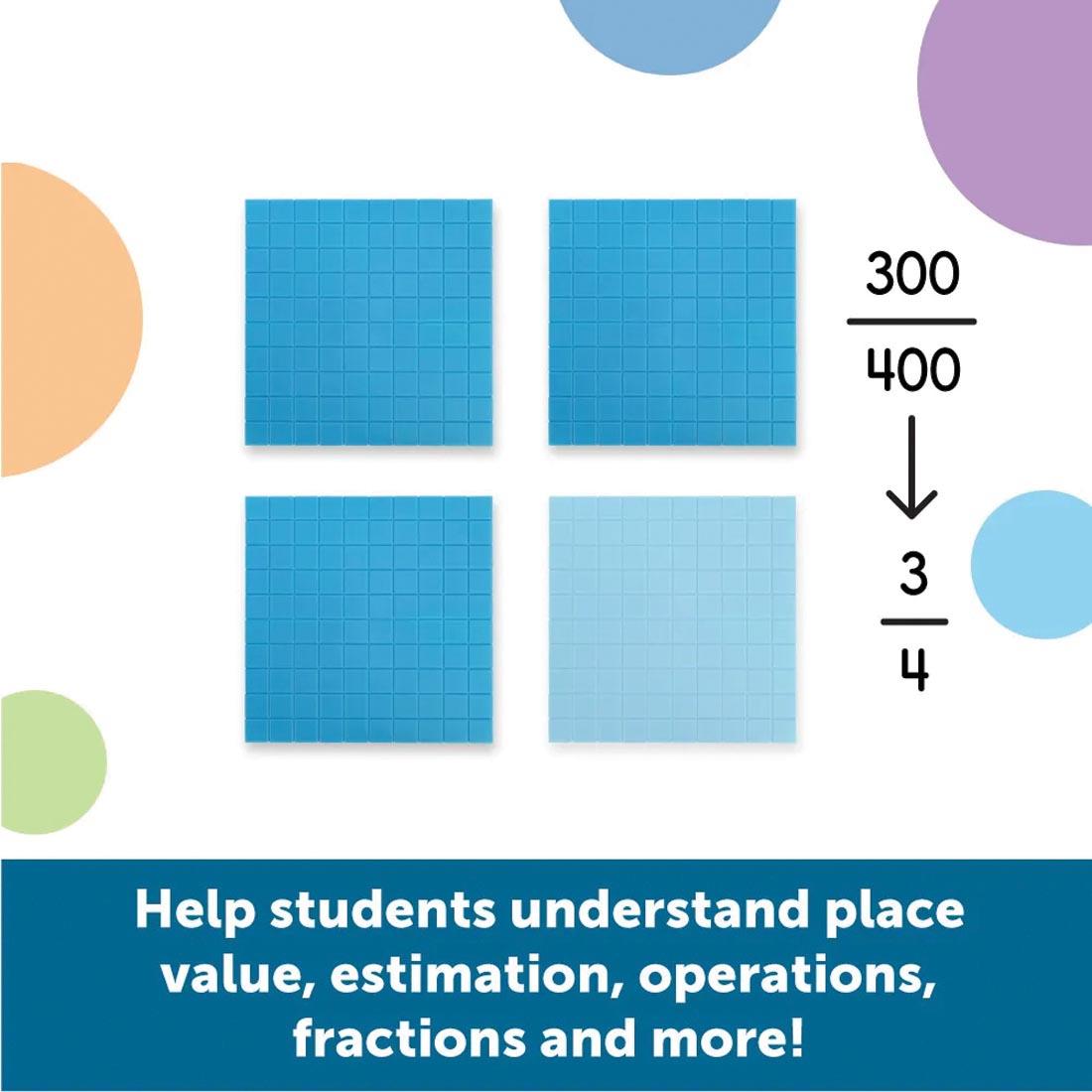 Plastic Base Ten Flats beside fractions 300/400 and 3/4 plus text: Help students understand place value, estimation, operations, fractions and more!