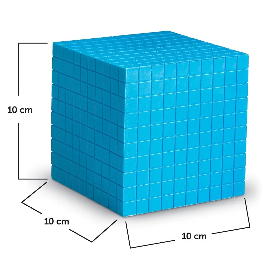 Plastic Base Ten Cube By Learning Resources labeled with measurements 10cm, 10cm and 10cm