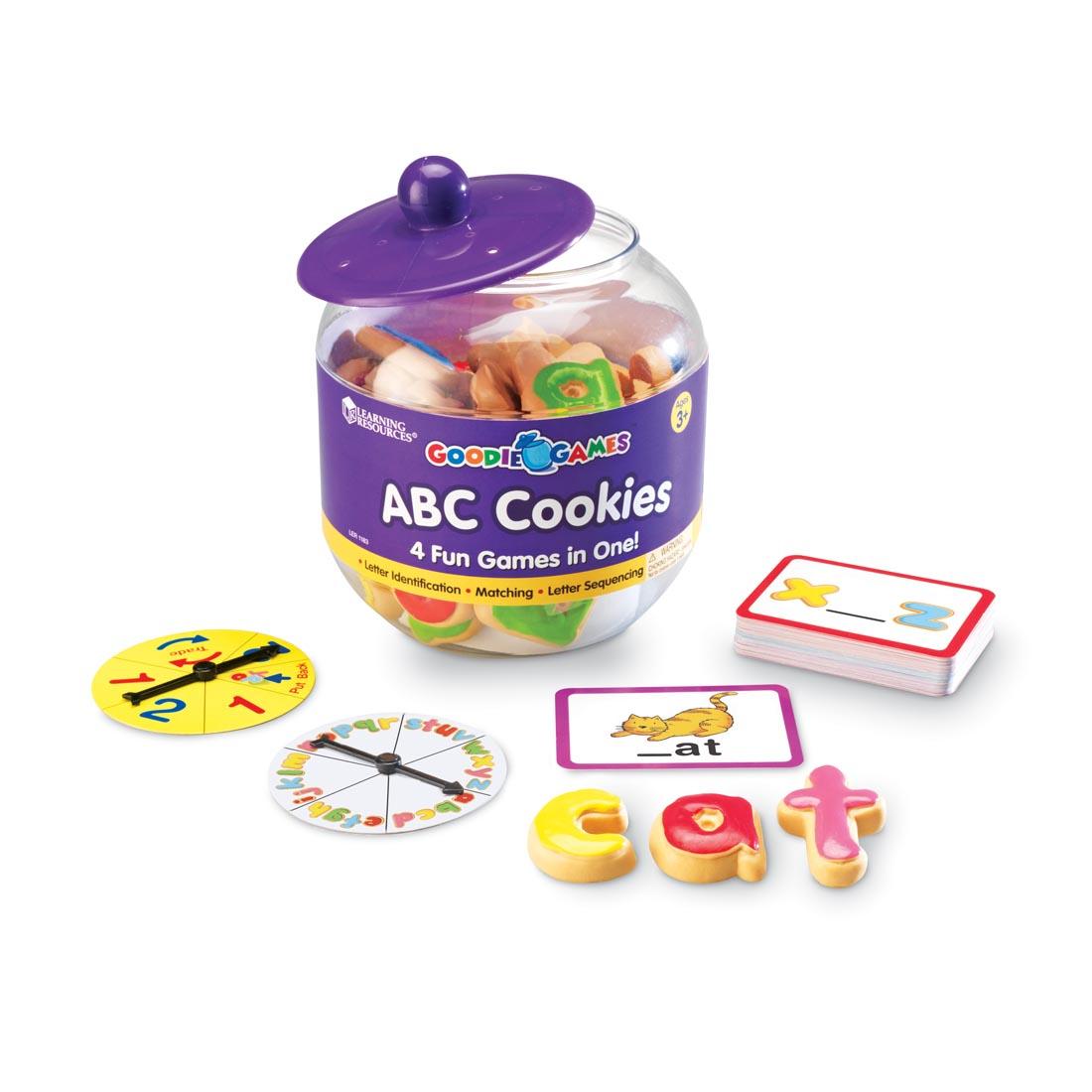 alphabet pieces that look like frosted cookies, plus cards and game spinners from Goodie Games ABC Cookies