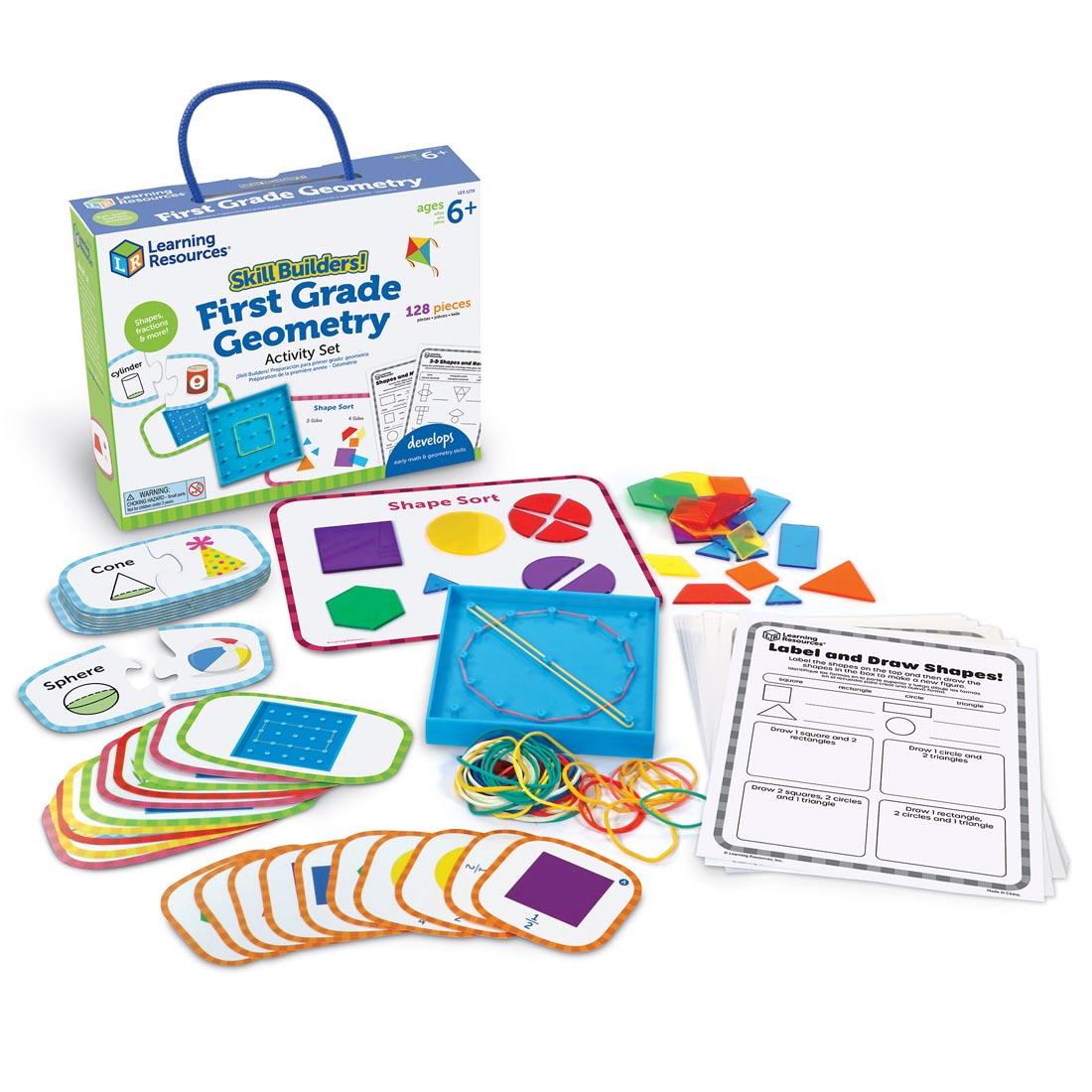 box and contents of Skill Builders! First Grade Geometry Activity Set By Learning Resources