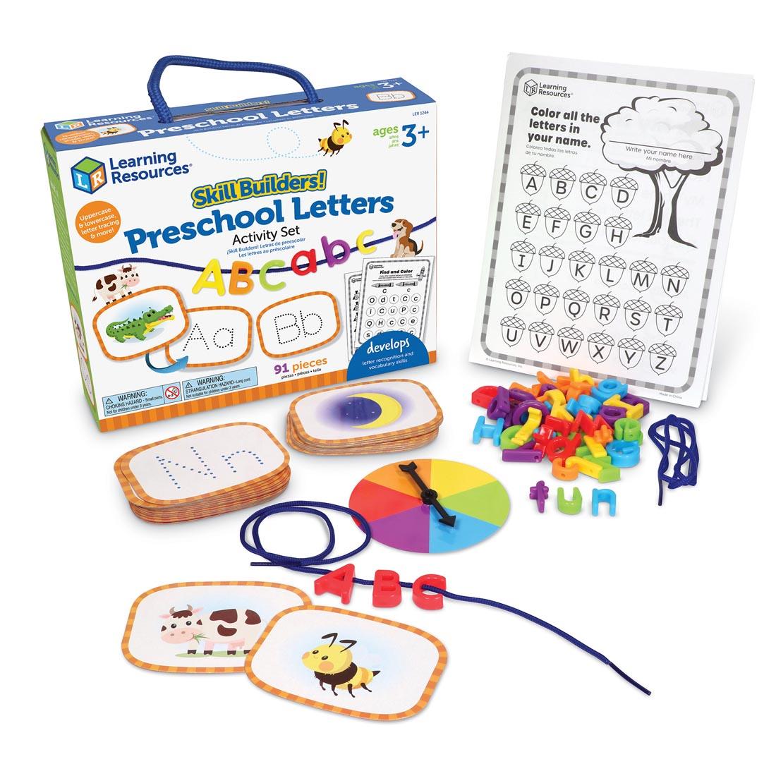box and contents of the Skill Builders! Preschool Letters Activity Set