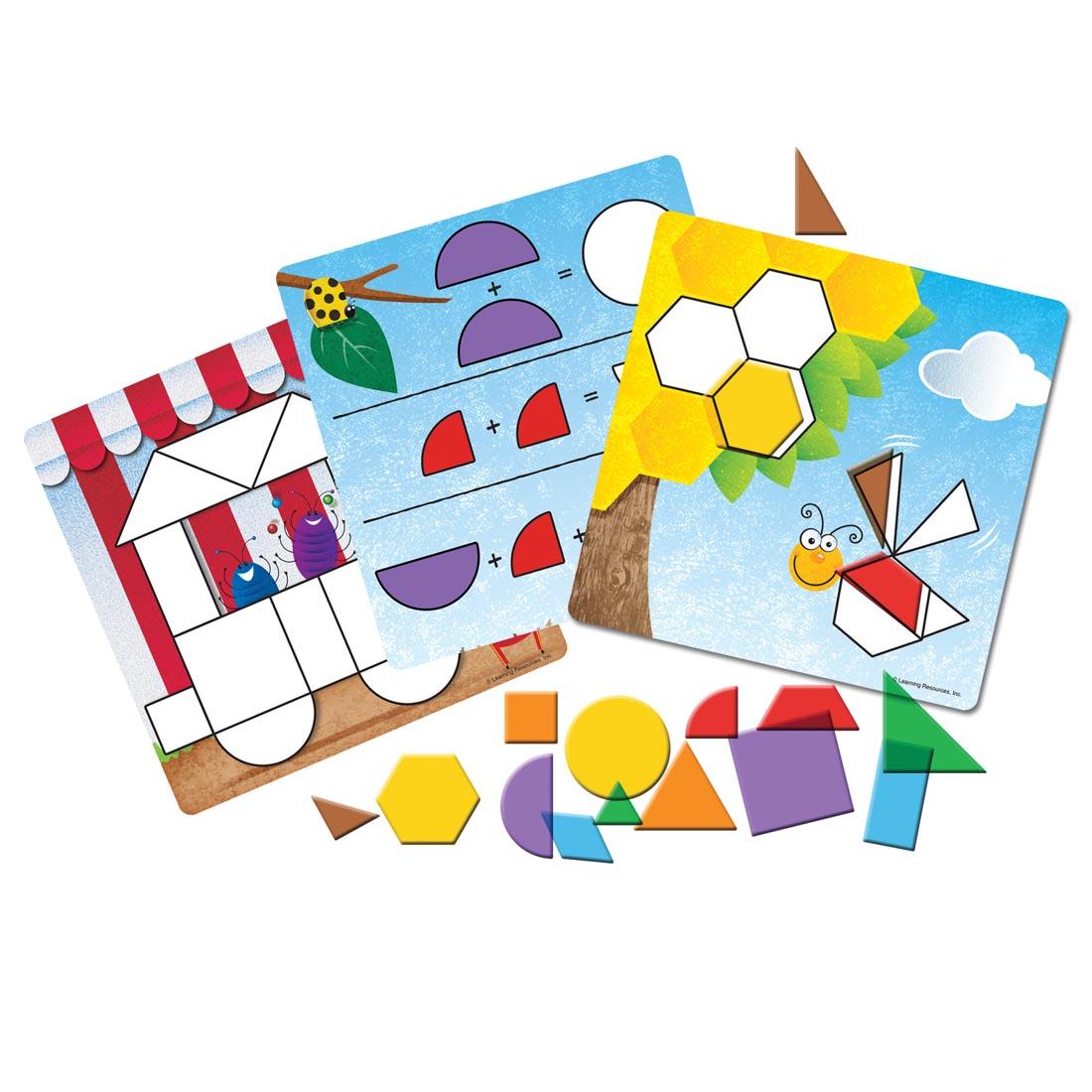 example cards and shapes from the Shapes Don't Bug Me Geometry Activity Set By Learning Resources