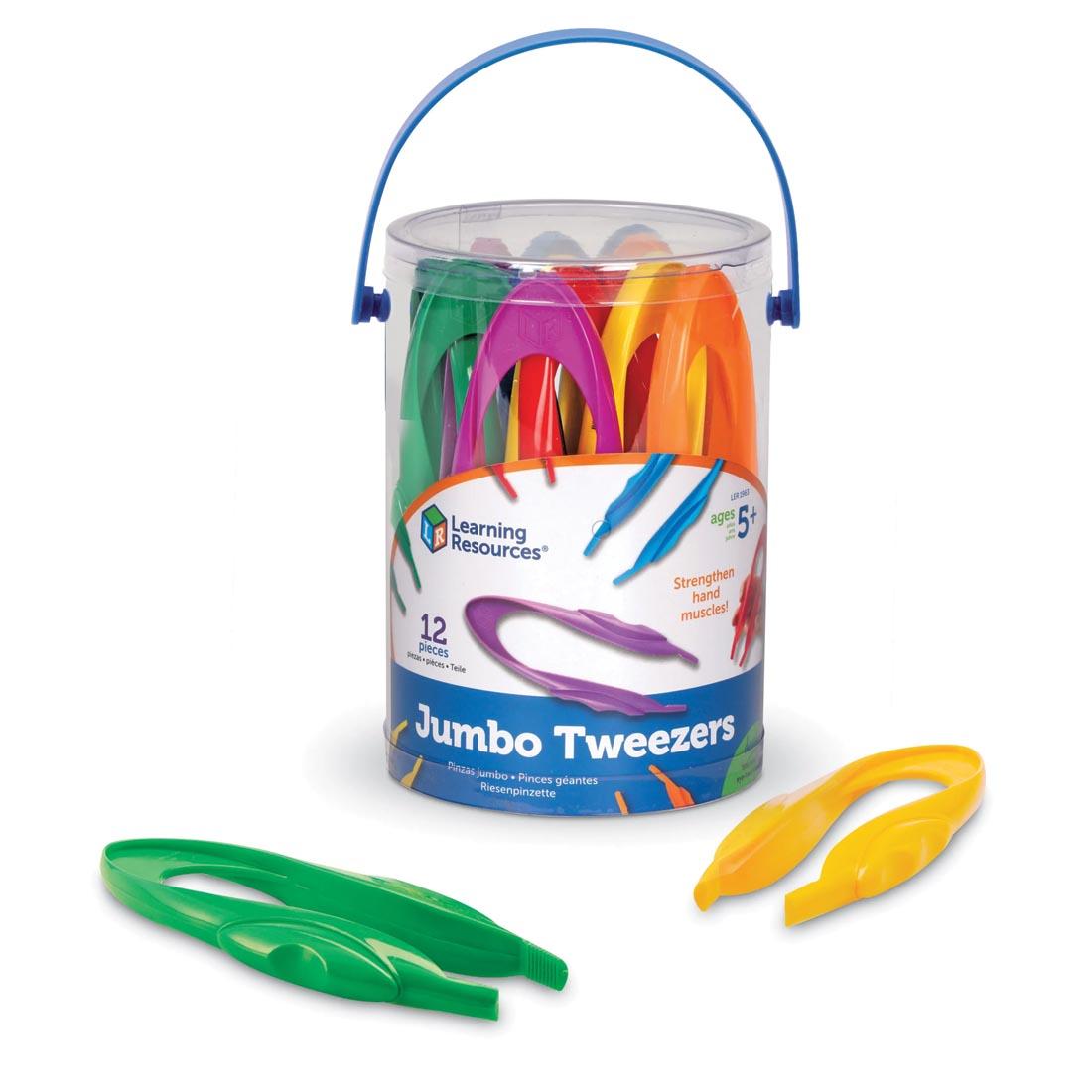 Tub of Jumbo plastic tweezers, with 2 shown outside the tub
