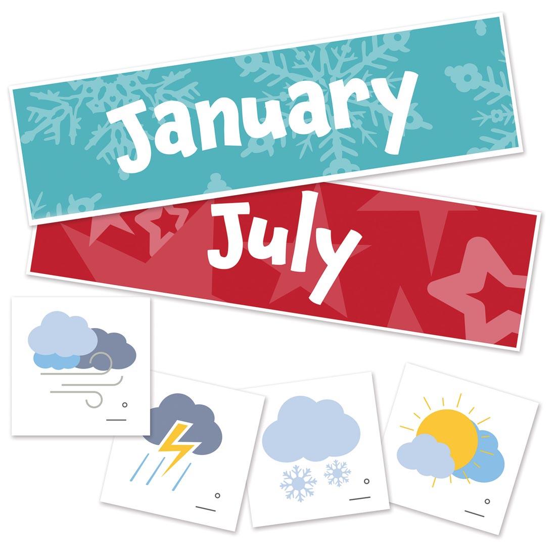 month headers and weather cards from the Weather Tracker Pocket Chart