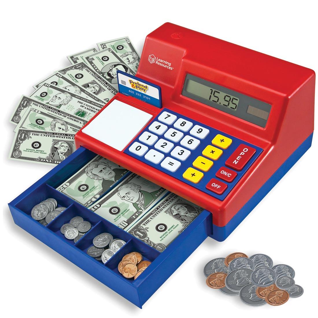 educational cash register with play money and pretend credit card