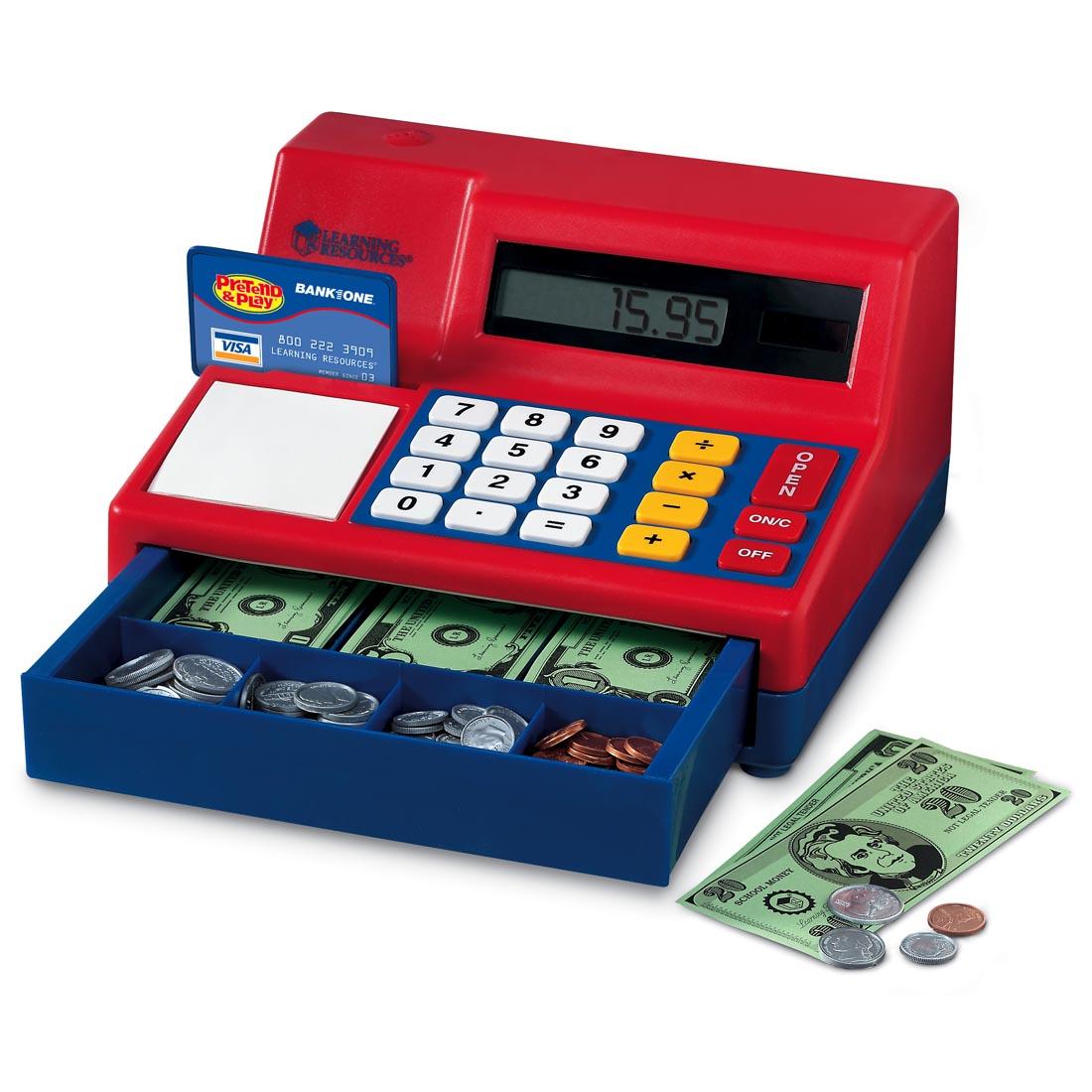 educational cash register with play money and pretend credit card