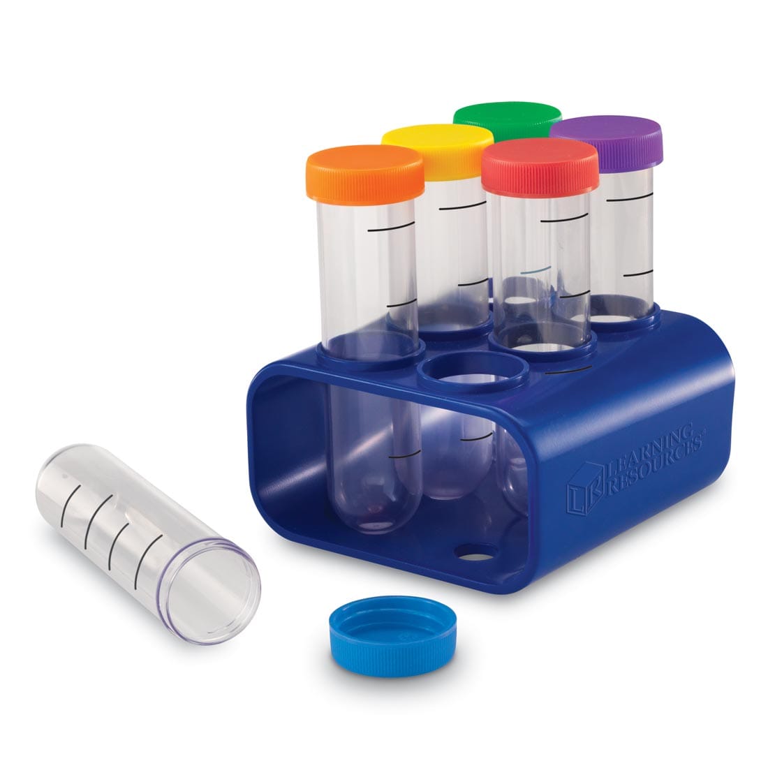 blue stand holding six jumbo test tubes, each with a different colored screw-on lid