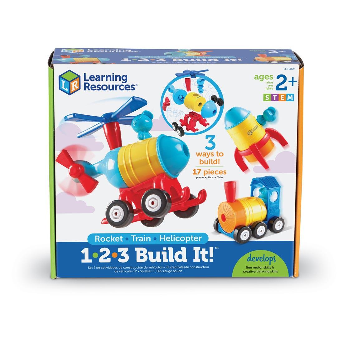 1-2-3 Build It Set creates either a Rocket, Train or Helicopter