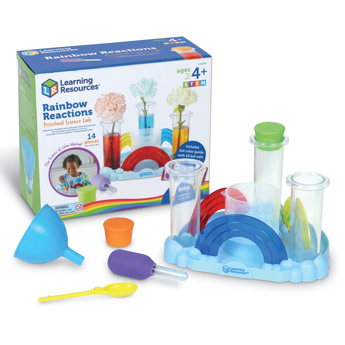 Rainbow Reactions Preschool Science Lab with contents shown outside the box