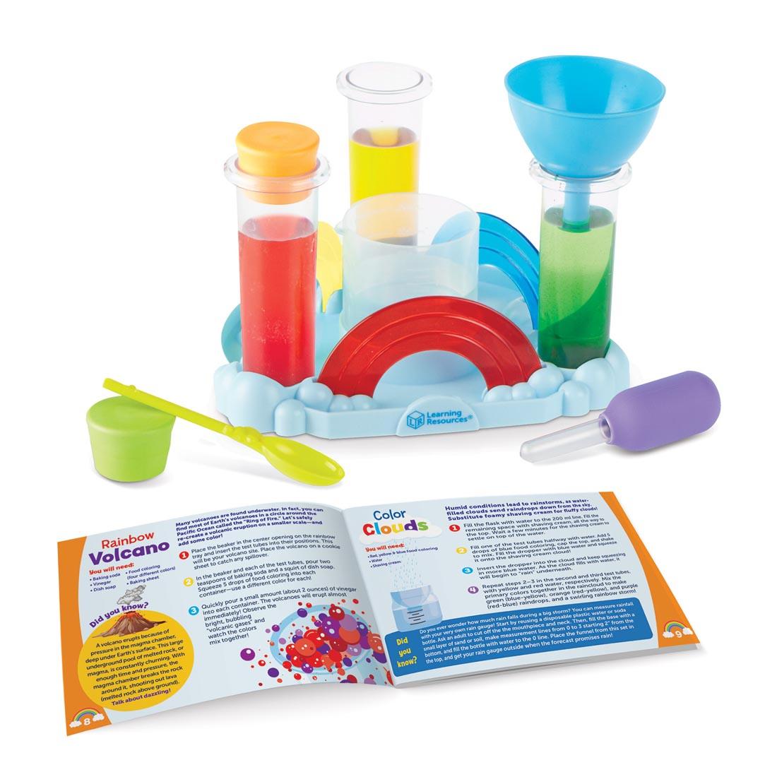 Contents of Rainbow Reactions Preschool Science Lab with guide book